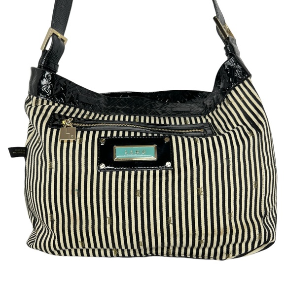L.A.M.B Reversible White Nylon & Stripes Fabric Patent Leather Strap Hobo Bag - Picture 7 of 16